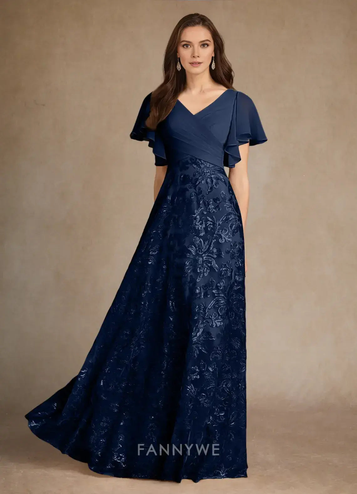 Elegant V-Neck Ruffled Sleeve Floral Brocade A-Line Maxi Dress Mother of the Bride Dress